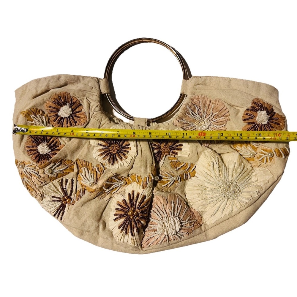 Anthropologie “Sunburst Meadow” Beaded Raffia Large Satchel Double Ring Handle - Picture 9 of 10